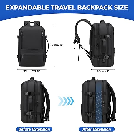 Carry On Travel Backpack for Airplanes | 40L Suitcase Backpack Weekender Bag - Expandable Travel Carry On Flight Approved for Men Women - Black